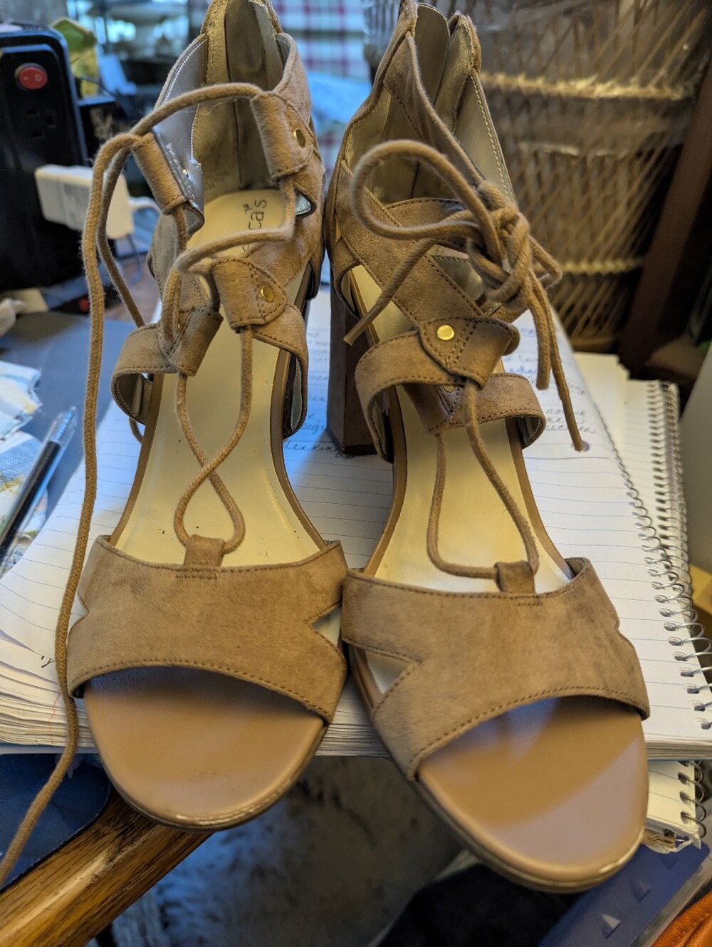 Francesca's Eliza Tan Faux Suede Lace Up Back Heel Zip Block Heels Size 8